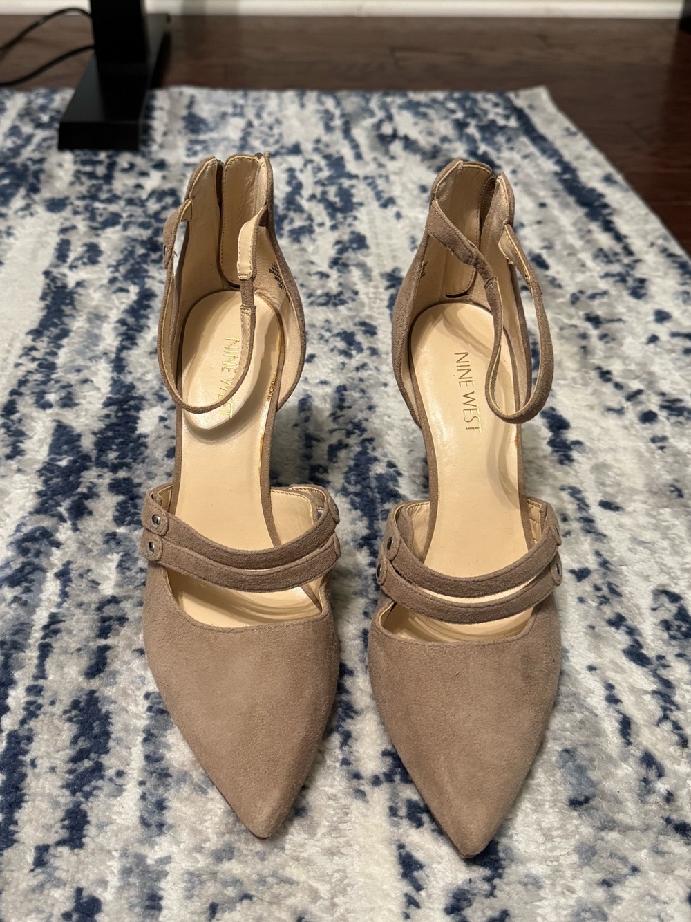 Nine West Taupe Suede Pointed Toe Ankle Strap Pumps